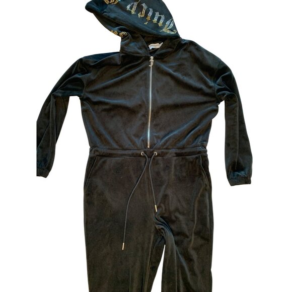 Juicy Couture L Black Velour Hooded Jumpsuit Drawstring Zipper Closure 8237 - Picture 12 of 13